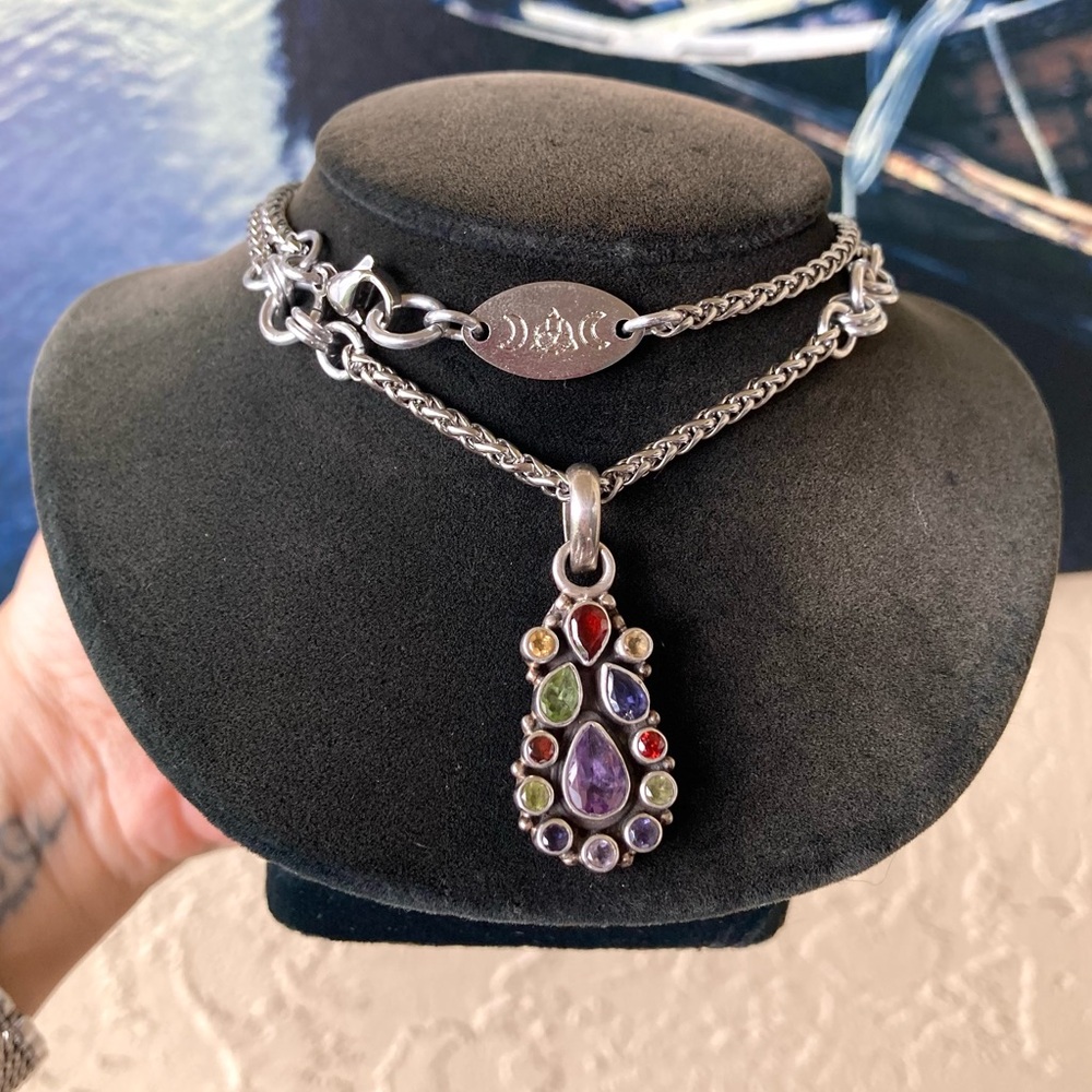 925 sterling silver genuine multi gemstone charm stainless steel chain necklace - Picture 3 of 9